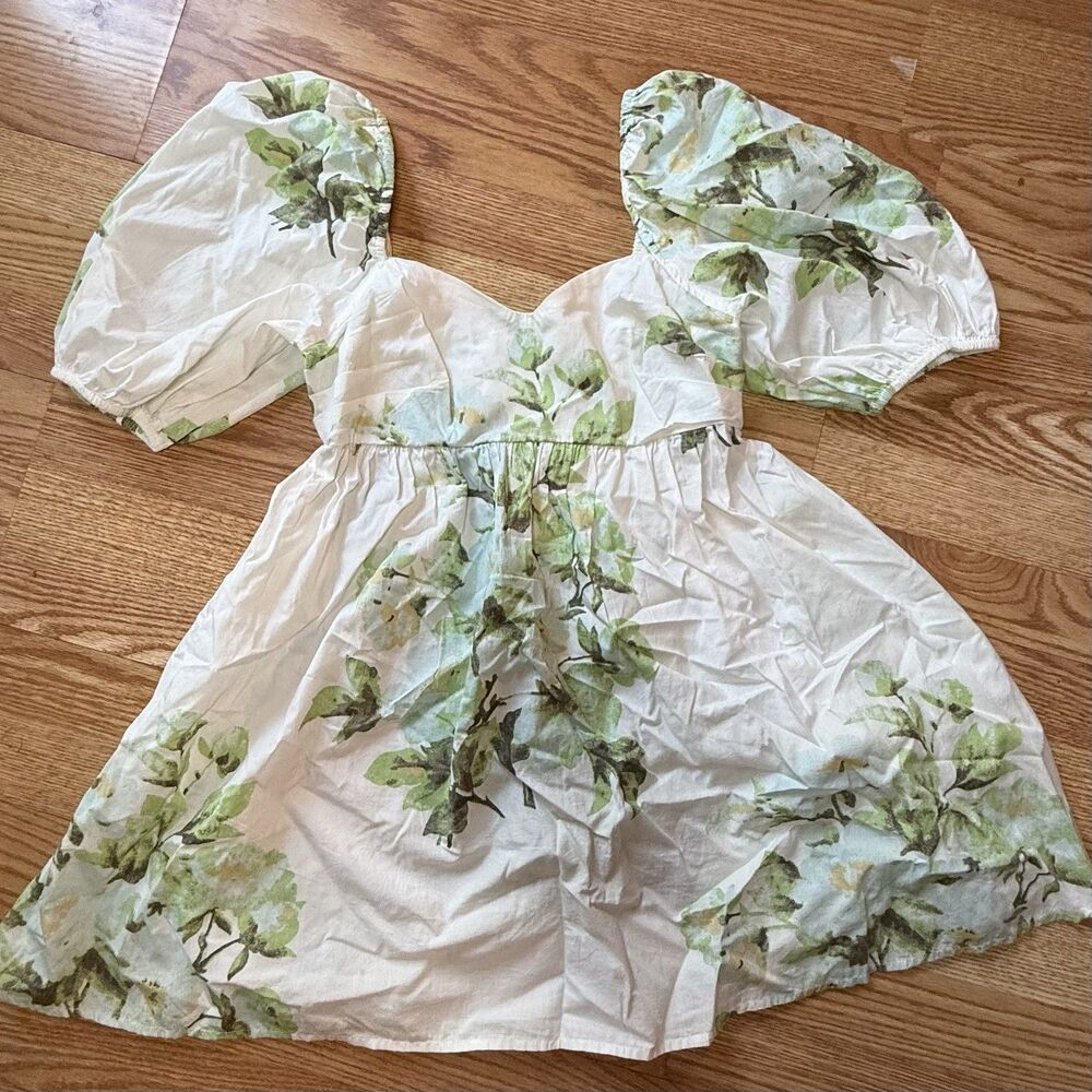 Free People Green White Peony Short Puff Sleeve Pocket Babydoll Dress Size XS